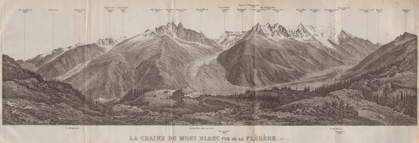 PANORAMA. MONT BLANC MASSIF from FLEGÈRE 1806m. Chamonix. Haute-Savoie 1913 map